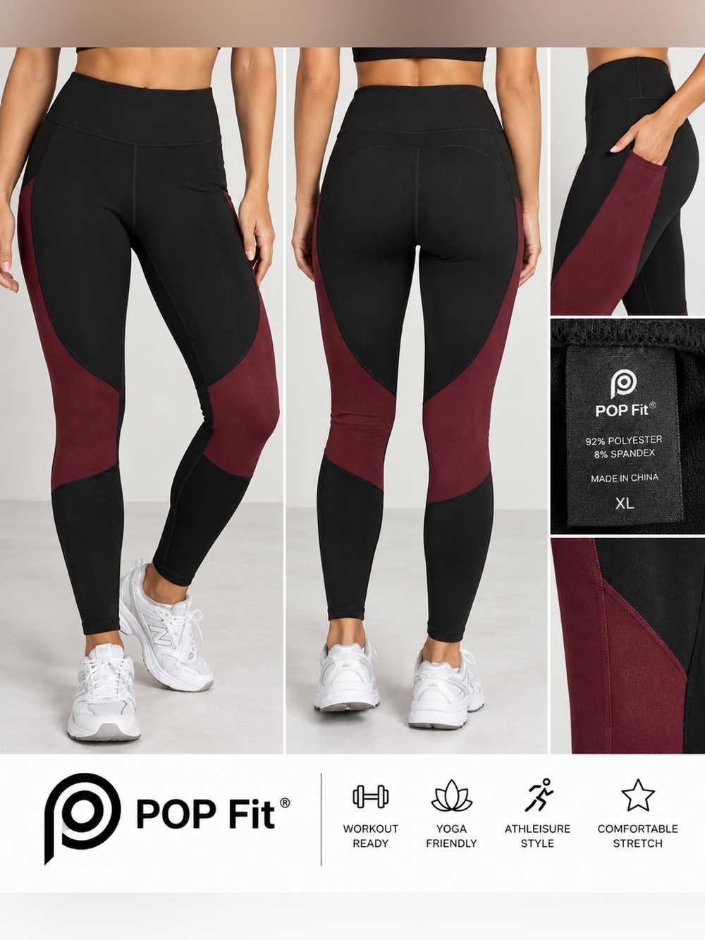 POP Fit Colorblock Leggings XL Black Burgundy High Rise Athletic Yoga